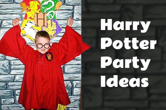 Harry Potter theme party - boy in a wizard robe at a Harry Potter birthday party, standing in front of a castle wall backdrop.